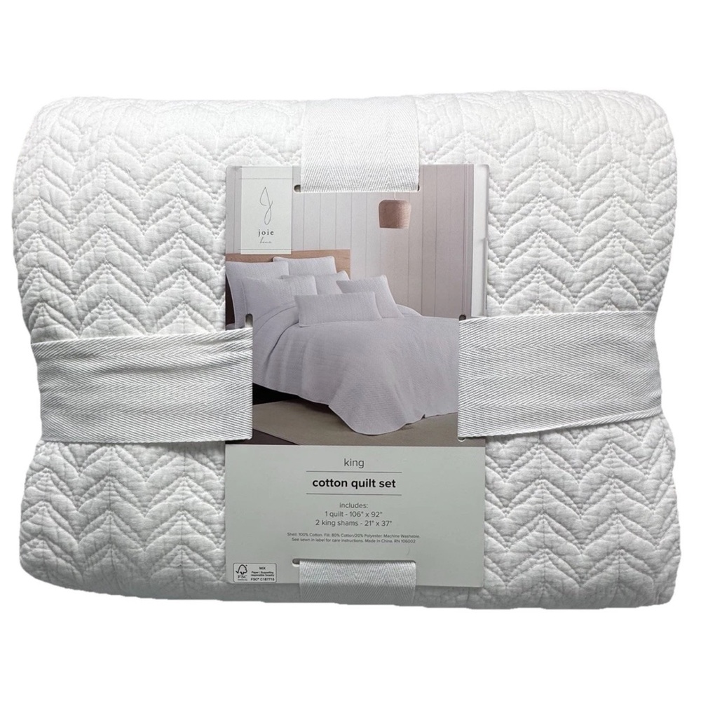 3pc J Joie Home White KING Quilt Sham Bedding Set 100% Cotton Cottage Farmhouse